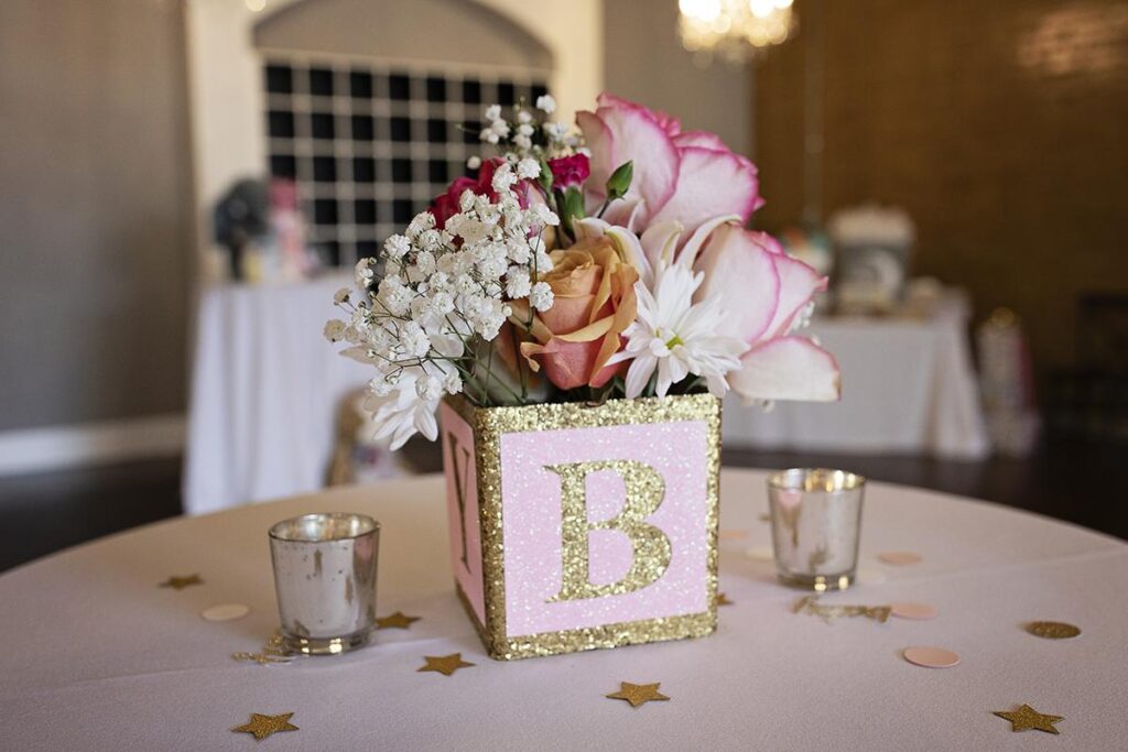 close-up of a table setting at a baby shower centerpiece